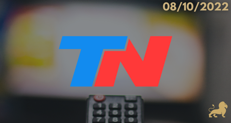 Foto botón con el logo del canal de televisión TN, el de Estudio Jurídico LEGEM, la fecha 08/10/2022 y un fondo con un control remoto y una TV.