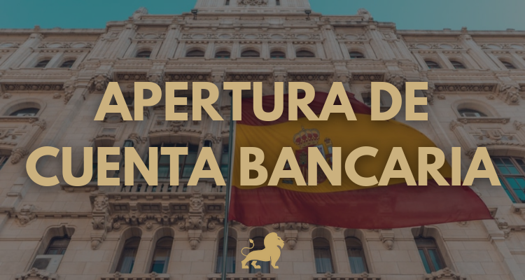 Foto botón con las palabras APERTURA DE CUENTA BANCARIA en mayúscula y un fondo con el frente del Banco de España y la bandera de dicho país.