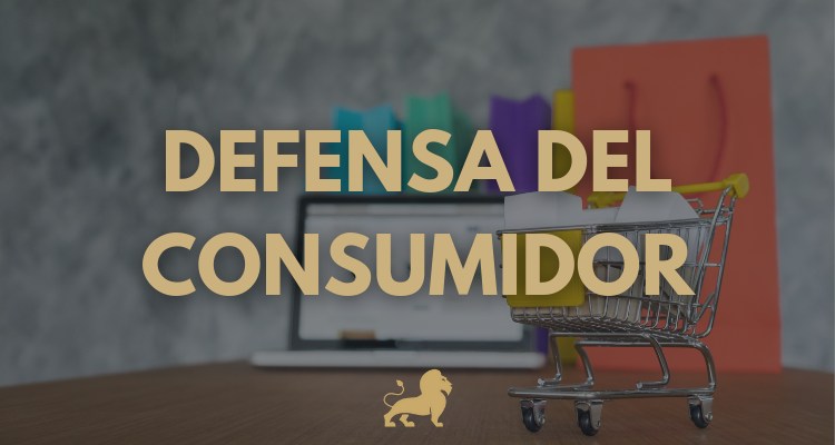 Foto botón con las palabras DEFENSA DEL CONSUMIDOR en mayúscula y un fondo con una notebook, un carrito de compras y bolsas.