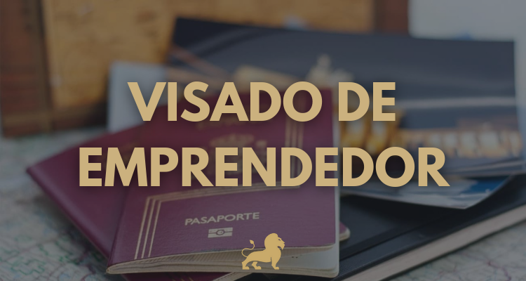 Foto botón con las palabras VISADO DE EMPRENDEDOR en mayúscula y un fondo con pasaportes españoles y fotografías.